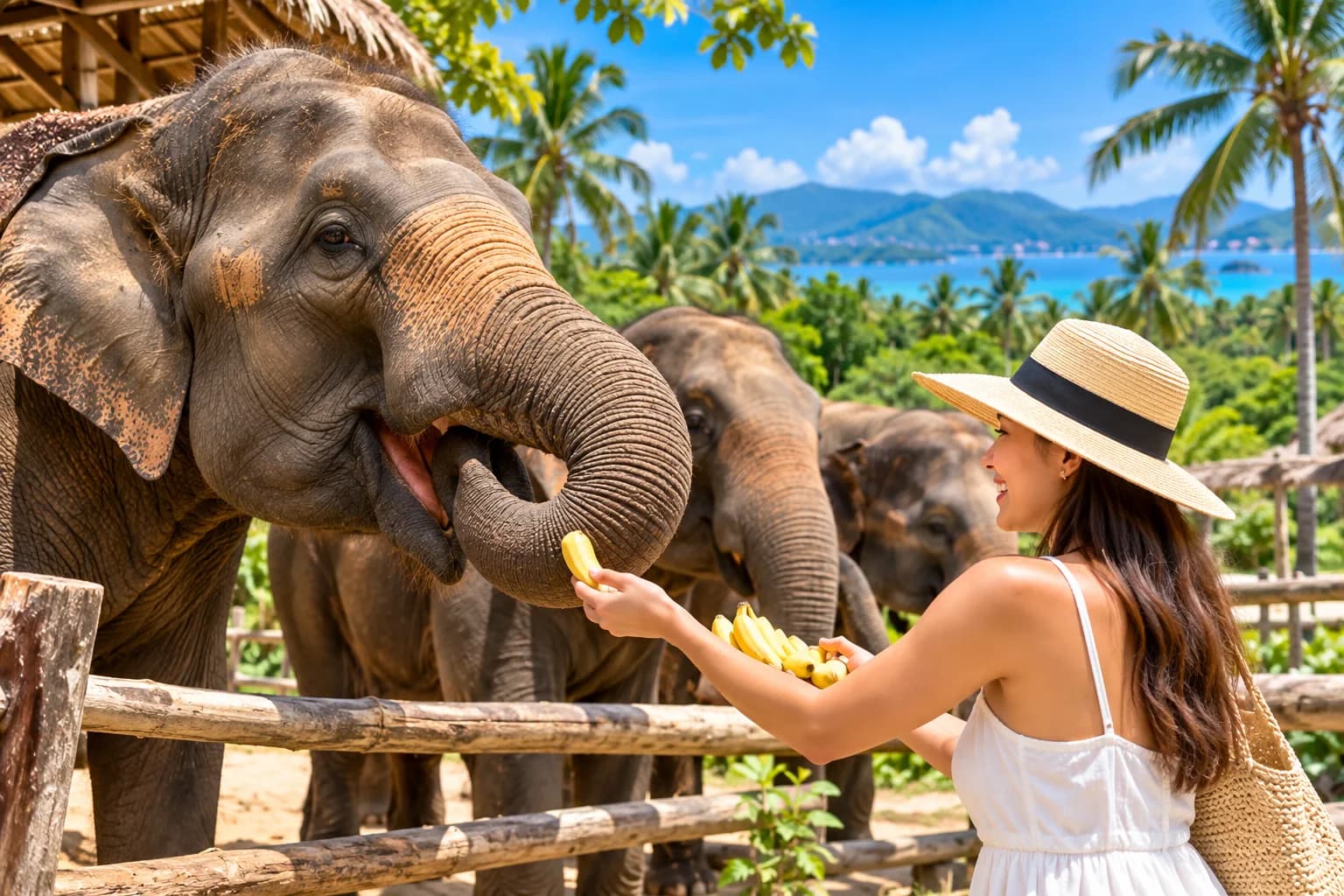 Elephant feeding experience on a Koh Samui cruise shore excursion