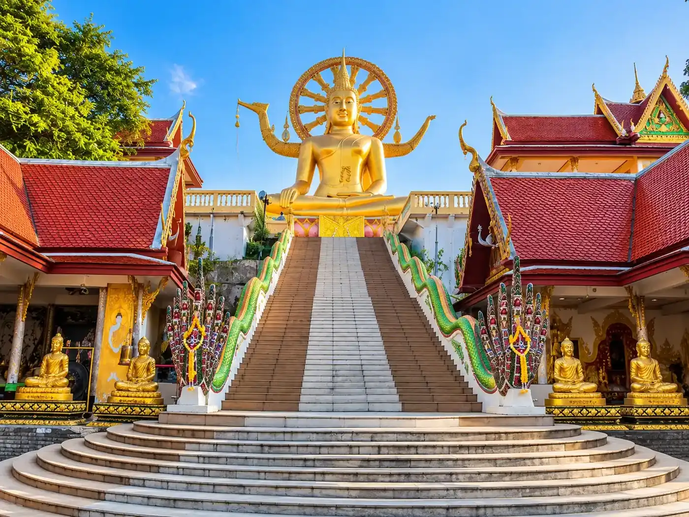 Big Buddha and temple stairs at Wat Phra Yai in Koh Samui